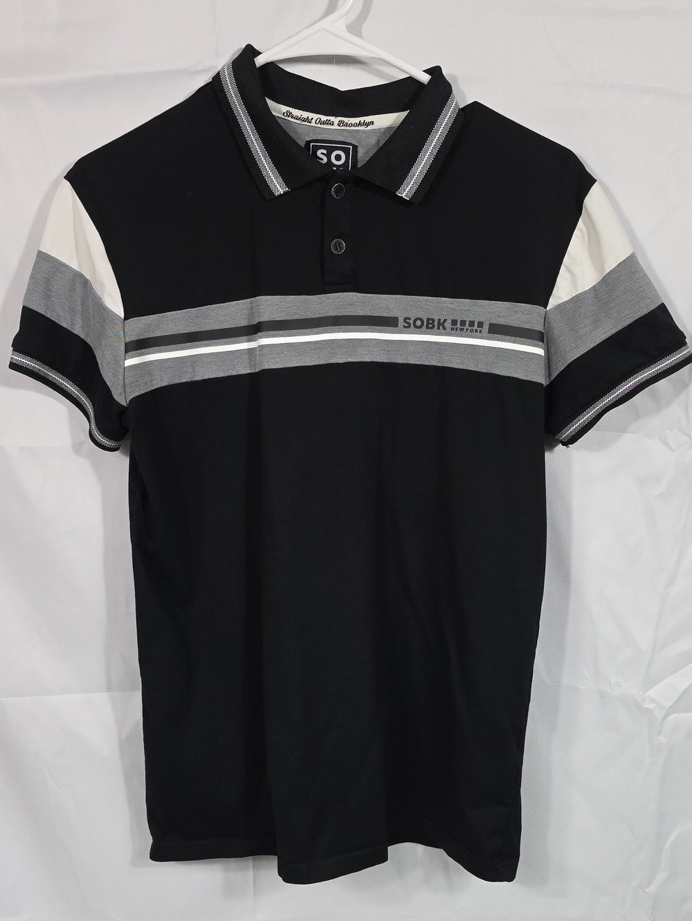 Black & Gray Striped Polo Mens Straigh Outta Brooklyn Mens Size Small (M175)